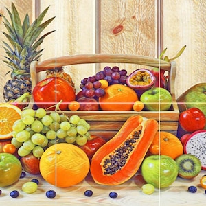 Tegelmuurschildering/keramisch mozaïekpaneel van een fruitmand - Fruitkunst - Tegels keukenachterwand - Keukenmuurschildering - Fruitprint - Glanstegels - Tegelmozaïek