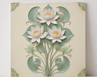 Azulejos de cerâmica Art Nouveau com flor de lótus - Conjunto de 2