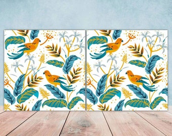 Birds and Flowers Ceramic Tiles - Tropical Wall Decor, Set of 2