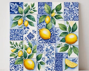 Azulejos de cerámica color limón, decoración de pared de mayólica azul italiana, salpicadero siciliano, acento de la costa amalfitana.