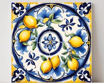 Italian Majolica Lemon Tiles: Handmade Ceramic Wall Decor, Set of 2