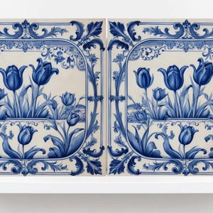 Delft Tulip Tile - Delft Blue Tile - Set of 2 Ceramic Delftware Tiles- Flower Tiles - Delft Prints Wall - Kitchen Backsplash, Sink,Bathroom