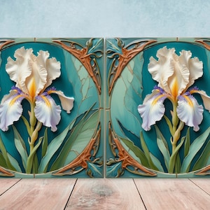 Art Nouveau Flower Ceramic tiles - Set of 2 Art Nouveau Irises Wall Decor Tiles - Iris Print, Kitchen Backsplash Tiles, Bathroom Tiles
