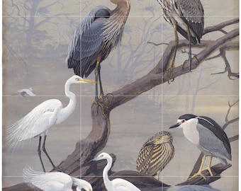 Tile Mural/Mosaic Ceramic Panel of Heron - Bird Mosaic - Heron Painting - Bird Mural - Gloss Tiles - Egret Wall Art Print - Crane Bird Print