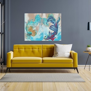 May include: A vibrant wall art piece featuring two stylized betta fish in shades of teal, blue, and red. The artwork is set against a neutral background with flowing water effects. The fish are depicted with detailed fins and tails, creating a dynamic and colorful composition.