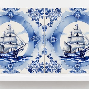 Delft Blue Ceramic Tile - Set of 2 Ceramic Delftware Tiles-Delft Tile with Ship - Delft Prints- Kitchen Backsplash,Sink,Bathroom,Shower Wall