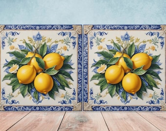 Italiaanse majolica-citroentegels - set van 2 Italiaanse wanddecoratietegels - keukenachterwandtegels, tafeldecoratietegels, badkamertegels, onderzetter