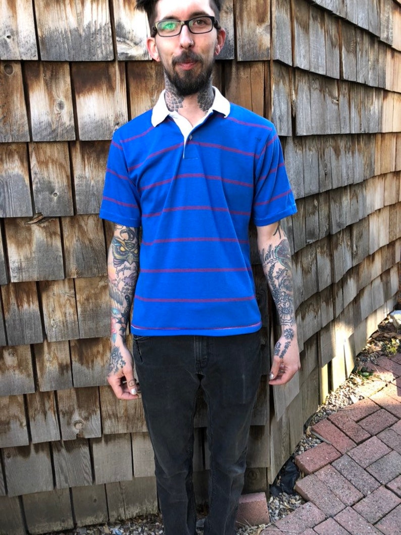 Royal Blue Striped Shirt Vintage Polo Mens Shirts Vintage Shirt 80s Shirt