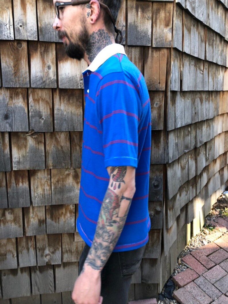 Royal Blue Striped Shirt Vintage Polo Mens Shirts Vintage Shirt 80s Shirt