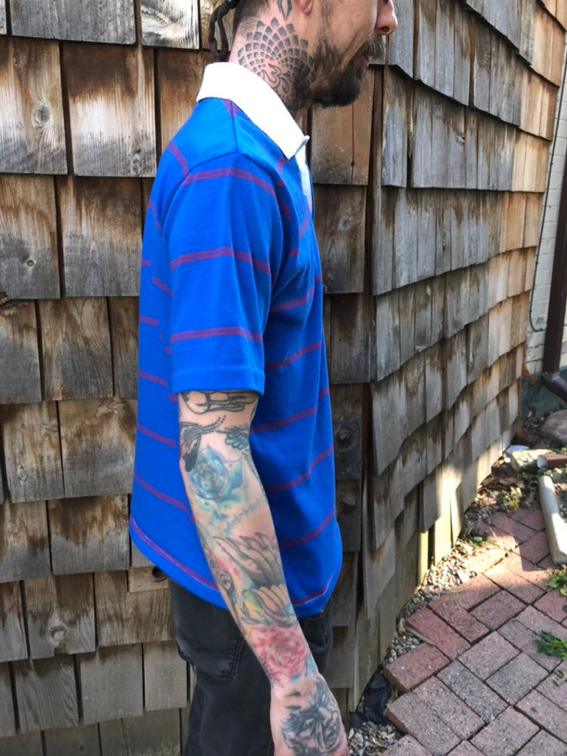 Royal Blue Striped Shirt Vintage Polo Mens Shirts Vintage Shirt 80s Shirt