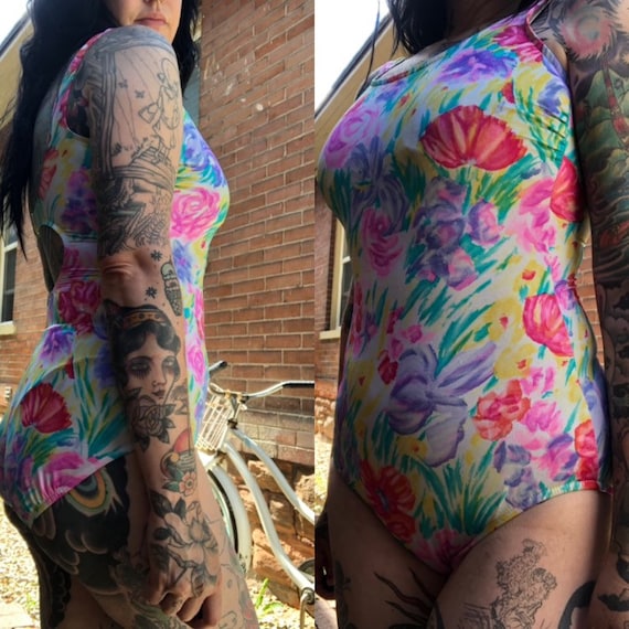 Watercolor Floral Print One Piece // Vintage Swim… - image 1