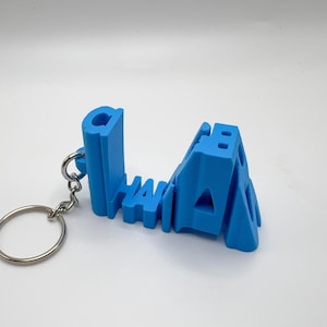 Puede incluir: Un llavero azul brillante con la palabra "HAWAII" en relieve. El llavero tiene un anillo de metal plateado para llaves. Las letras están conectadas y tienen una apariencia geométrica. Hecho de plástico.