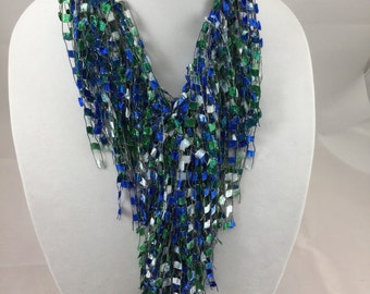 Infinity Fringe Scarf Necklace in Blue and Green, Statement necklace