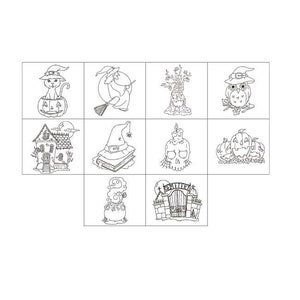 May include: A set of 12 black and white Halloween themed illustrations. The illustrations include a cat in a pumpkin, a witch with a broom, a tree, an owl, a house, a witch's hat, a skull, pumpkins, a cauldron, and a gate.