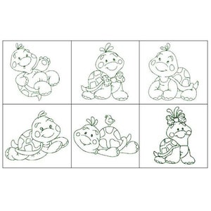 May include: Six black and white line drawings of turtles in various poses. Some turtles are holding flowers, others are holding birds, and one is wearing a bow.
