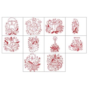 May include: Twelve red line drawings of Christmas ornaments, each in a square frame. The ornaments include a candle, a stocking, a bell, a gift, a star, a candy cane, a glass of champagne, and a Christmas tree.