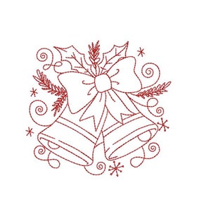 May include: A red line drawing of two Christmas bells with a bow and holly leaves. The bells are tied together with a bow and surrounded by swirls and stars.