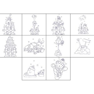 May include: A collection of winter-themed line art illustrations. The images include a house, a snowman, a Christmas tree, a birdhouse, a well, and other winter elements, all covered in snow. The illustrations are in black and white.
