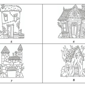 Pode incluir: Quatro desenhos em preto e branco de casas assombradas. A primeira casa &eacute; um edif&iacute;cio dilapidado com uma cerca. A segunda casa &eacute; uma casa tradicional com um telhado pontudo e uma chamin&eacute;. A terceira casa &eacute; um castelo de pedra com um telhado pontudo e um port&atilde;o. A quarta casa &eacute; uma casa na &aacute;rvore com um telhado pontudo e uma porta.