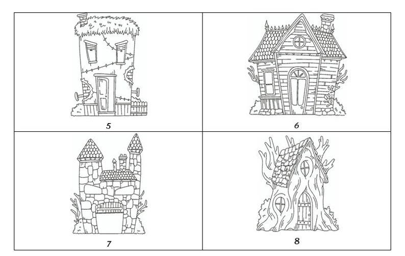 Pode incluir: Quatro desenhos em preto e branco de casas assombradas. A primeira casa &eacute; um edif&iacute;cio dilapidado com uma cerca. A segunda casa &eacute; uma casa tradicional com um telhado pontudo e uma chamin&eacute;. A terceira casa &eacute; um castelo de pedra com um telhado pontudo e um port&atilde;o. A quarta casa &eacute; uma casa na &aacute;rvore com um telhado pontudo e uma porta.