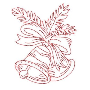 May include: Red line art illustration of two Christmas bells with a bow and sprigs of greenery. The bells have striped detailing and are connected by a large bow. The image is on a white background.