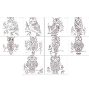 Può includere: Nove disegni in bianco e nero di gufi con intricati motivi sulle loro piume. Ogni gufo è appollaiato su un ramo con foglie.