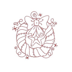 Peut inclure: Un dessin au trait rouge d'une couronne de Noël avec un nœud, une étoile et des flocons de neige.