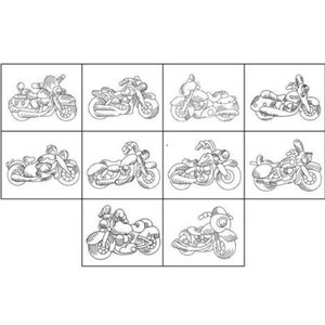 Op de afbeelding: Een verzameling van tien zwart-witte lijntekeningen van motorfietsen. Elke motorfiets is getekend in een andere pose, sommige met het gezicht naar voren en andere van opzij. De motorfietsen hebben een klassiek ontwerp met een groot voorwiel en een kleiner achterwiel.