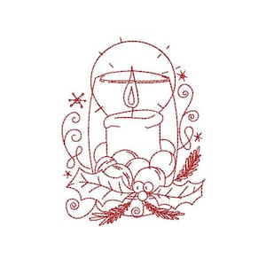 Pode incluir: Um desenho de linha de uma vela com uma chama, cercada por azevinho e bagas. A vela está num castiçal com um design decorativo. A imagem é vermelha.
