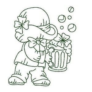 May include: A line drawing of a girl wearing a hat and holding a beer stein with a shamrock on top. There are bubbles around the stein.