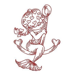 Redwork Mermaid 2, Redwork,Little Siren, mermaid, anchor
