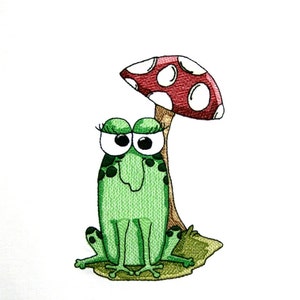 May include: A green frog with large eyes and eyelashes sits under a red and white mushroom with white spots.