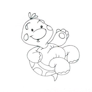 May include: A black and white line drawing of a cartoon turtle with a big smile. The turtle is waving with its right arm.