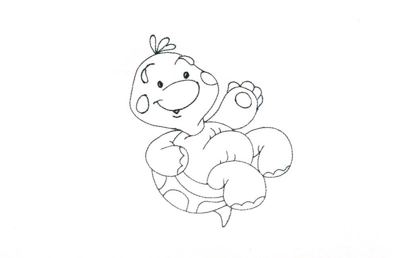 May include: A black and white line drawing of a cartoon turtle with a big smile. The turtle is waving with its right arm.