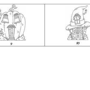 Pode incluir: Dois desenhos em preto e branco de casas. A primeira casa tem a forma de uma ab&oacute;bora com uma porta e duas janelas. A segunda casa tem a forma de um chap&eacute;u de bruxa com uma porta e uma janela. O n&uacute;mero 9 est&aacute; abaixo da casa de ab&oacute;bora e o n&uacute;mero 10 est&aacute; abaixo da casa de chap&eacute;u de bruxa.