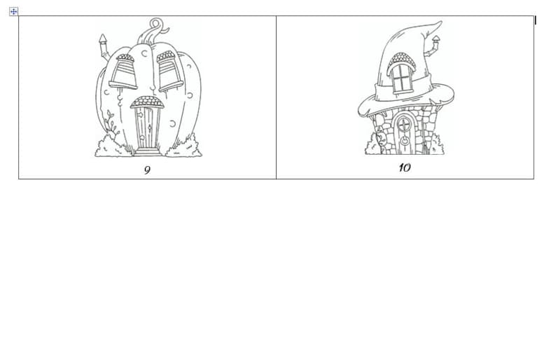 Pode incluir: Dois desenhos em preto e branco de casas. A primeira casa tem a forma de uma ab&oacute;bora com uma porta e duas janelas. A segunda casa tem a forma de um chap&eacute;u de bruxa com uma porta e uma janela. O n&uacute;mero 9 est&aacute; abaixo da casa de ab&oacute;bora e o n&uacute;mero 10 est&aacute; abaixo da casa de chap&eacute;u de bruxa.