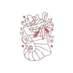 May include: A red line drawing of a Christmas stocking filled with presents and a sprig of holly.