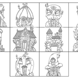 Pode incluir: Um conjunto de nove ilustra&ccedil;&otilde;es em preto e branco de casas de Halloween assustadoras. Cada casa tem um design &uacute;nico, incluindo uma caveira, um chap&eacute;u de bruxa e uma ab&oacute;bora.