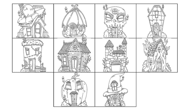 Pode incluir: Um conjunto de nove ilustra&ccedil;&otilde;es em preto e branco de casas de Halloween assustadoras. Cada casa tem um design &uacute;nico, incluindo uma caveira, um chap&eacute;u de bruxa e uma ab&oacute;bora.
