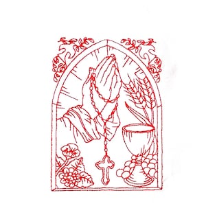 May include: Red line drawing of a religious scene. Praying hands hold a rosary, with a cross, chalice, grapes, and wheat. The image is framed by an arched window with floral and leaf accents.