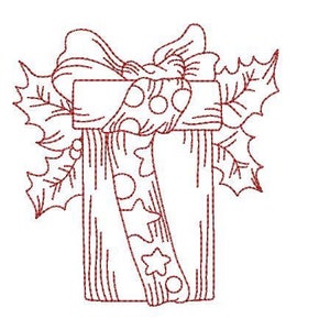 May include: A red line drawing of a Christmas gift box with a bow and holly leaves.