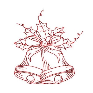 May include: Two red outline bells with a red bow and holly leaves.