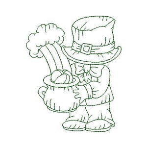 May include: A cartoon illustration of a leprechaun holding a pot of gold at the end of a rainbow. The leprechaun is wearing a green hat and a green suit.