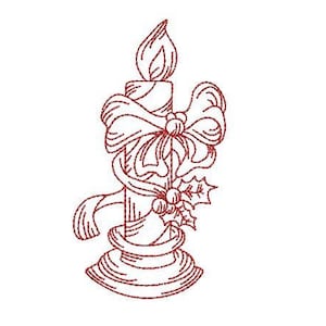 Op de afbeelding: Een rode lijntekening van een kaars met een strik en hulst. De kaars staat op een kandelaar.