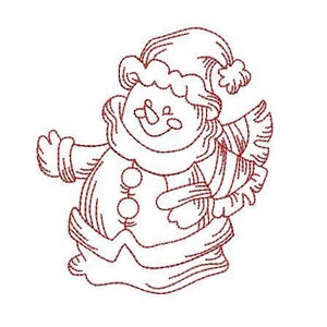 Könnte beinhalten: Eine Linienzeichnung eines Schneemanns, der einen Hut und einen Schal trägt. Der Schneemann lächelt und hat eine Karottennase. Die Zeichnung ist in Rot.