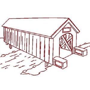 May include: A line drawing of a red wooden covered bridge with a gabled roof and a single entrance. The bridge is supported by two pillars on each side. The bridge is set against a white background.