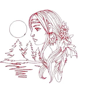 May include: Line art drawing of a woman with long flowing hair, wearing a headband and earrings. She is looking to the side, with a full moon and trees behind her.