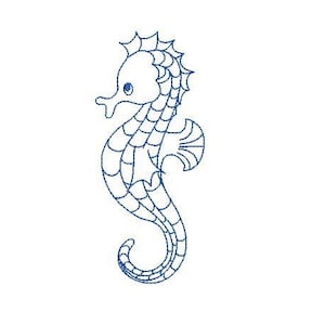 May include: A line drawing of a blue seahorse with a detailed design. The seahorse is facing the right side of the image.