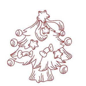 May include: A line drawing of a Christmas tree decorated with ornaments, bows, and stars. The tree is outlined in red.
