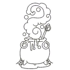 May include: A black and white line drawing of a cauldron with a stirring stick and steam rising from the top.